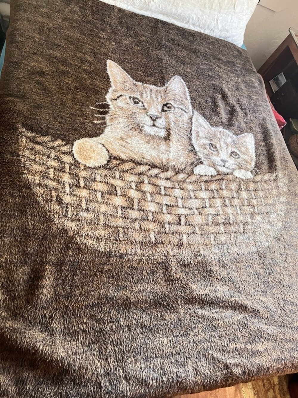 VTG Kittens Blanket Plush Velour Throw Granny Cottagecore Reversible 56”x 72”